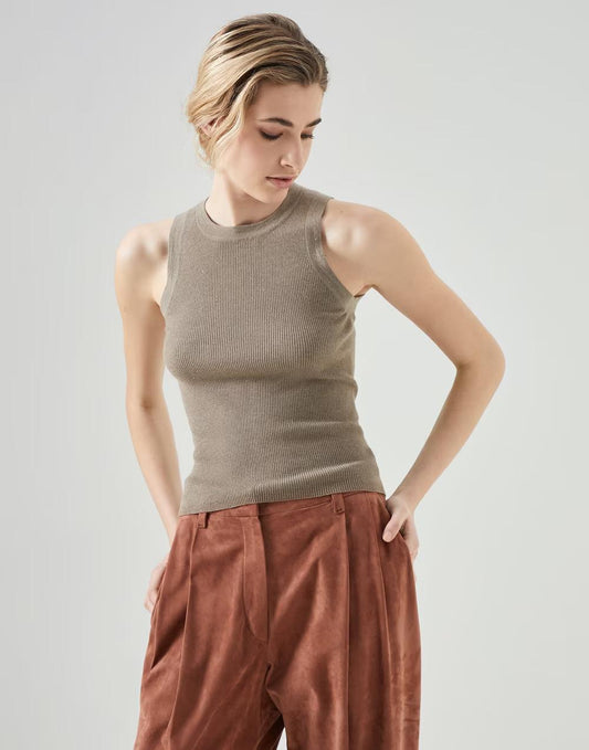 Brunello Cucinelli Brown Cashmere Sleeveles T-Shirt