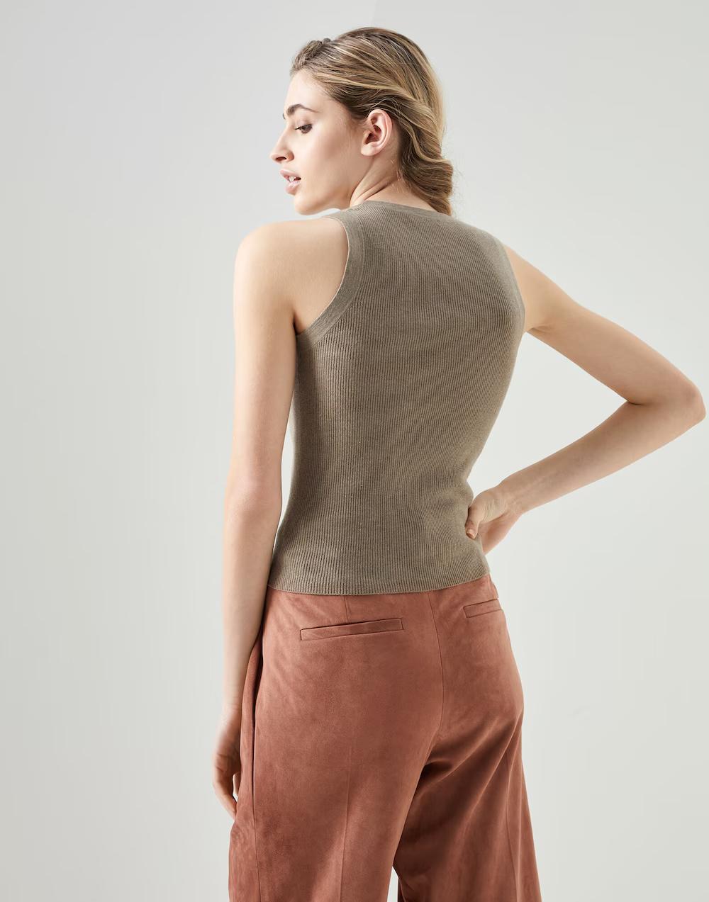Brunello Cucinelli Brown Cashmere Sleeveles T-Shirt