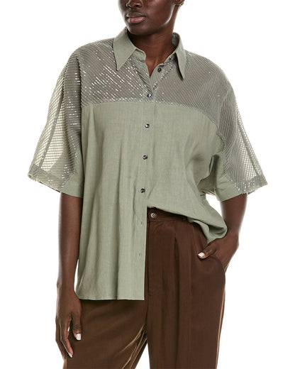 Brunello Cucinelli Green Linen Shortsleeve Shirt