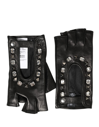 Dolce & Gabbana Lamb Leather Mittens Fingerless Gloves Wrist Length - Black