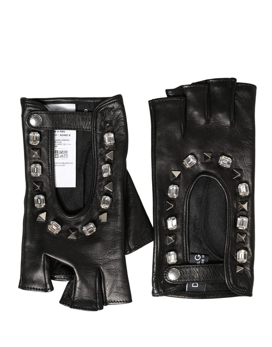 Dolce & Gabbana Lamb Leather Mittens Fingerless Gloves Wrist Length - Black