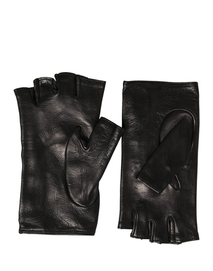 Dolce & Gabbana Lamb Leather Mittens Fingerless Gloves Wrist Length - Black