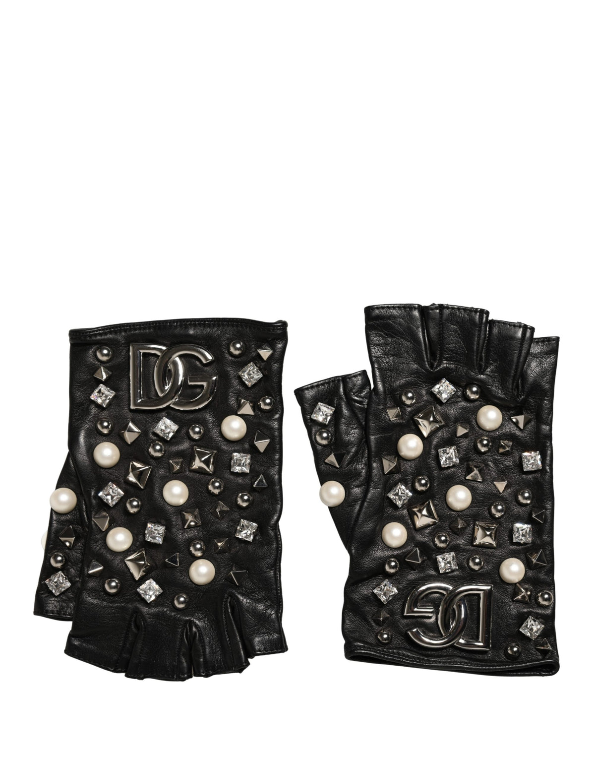 Dolce & Gabbana Lamb Leather Fingerless Gloves Wrist Length - Black Pearl
