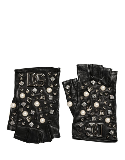 Dolce & Gabbana Lamb Leather Fingerless Gloves Wrist Length - Black Pearl