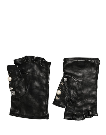 Dolce & Gabbana Lamb Leather Fingerless Gloves Wrist Length - Black Pearl