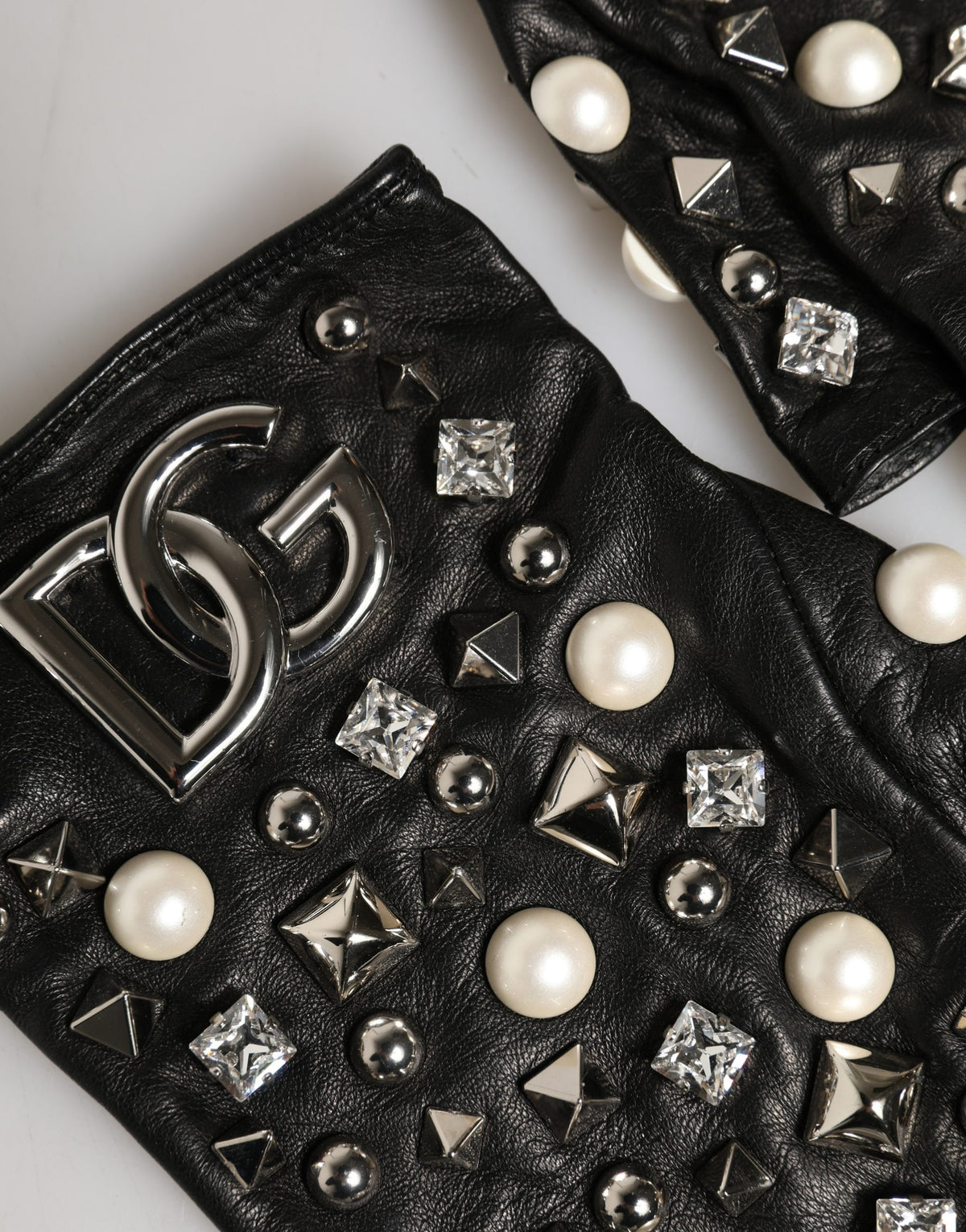 Dolce & Gabbana Lamb Leather Fingerless Gloves Wrist Length - Black Pearl