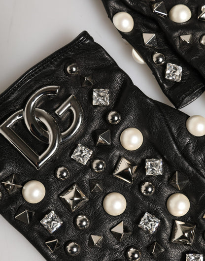 Dolce & Gabbana Lamb Leather Fingerless Gloves Wrist Length - Black Pearl