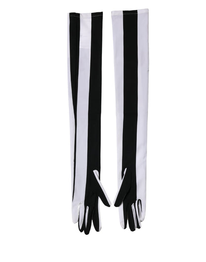 Dolce & Gabbana Stretch Nylon Elbow Length Gloves - Black White Signature Striped