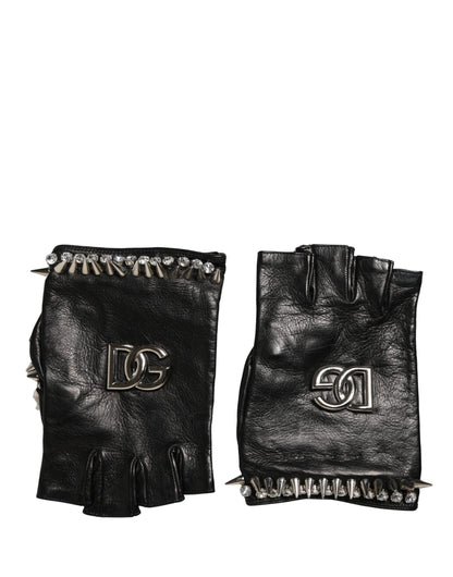 Dolce & Gabbana Leather Mittens Fingerless Gloves Wrist Length - Black