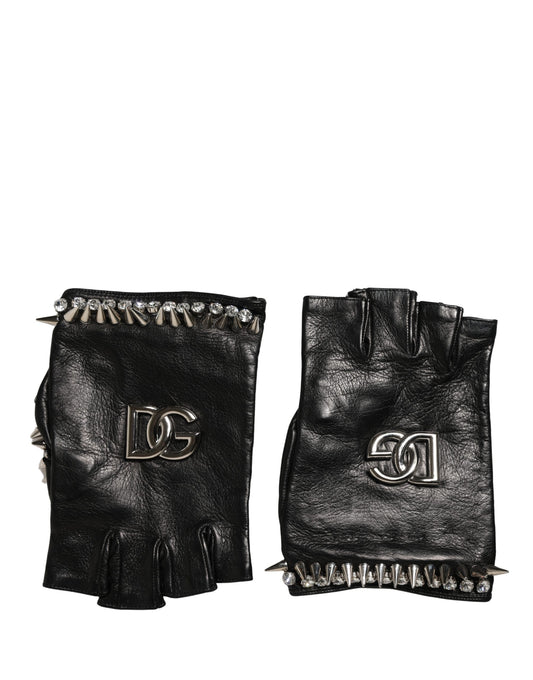 Dolce & Gabbana Leather Mittens Fingerless Gloves Wrist Length - Black