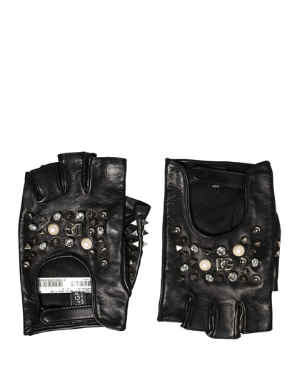 Dolce & Gabbana Leather Mittens Fingerless Gloves Wrist Length - Black