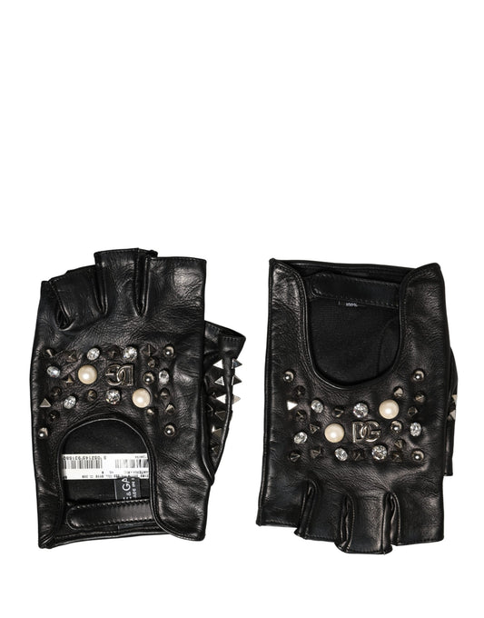 Dolce & Gabbana Leather Mittens Fingerless Gloves Wrist Length - Black