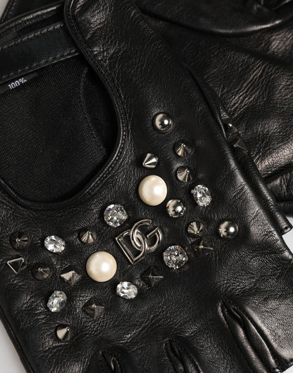 Dolce & Gabbana Leather Mittens Fingerless Gloves Wrist Length - Black