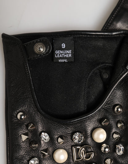 Dolce & Gabbana Leather Mittens Fingerless Gloves Wrist Length - Black