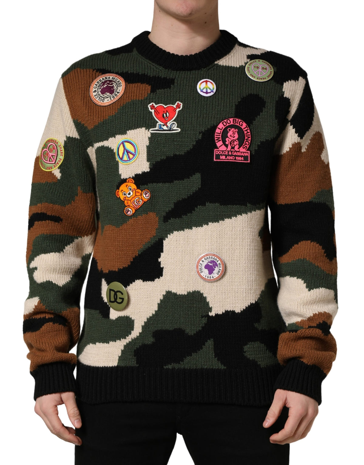 Dolce & Gabbana Men's Crew Neck Cashmere Viscose Nylon & Virgin Wool Sweatshirt - Multicolor Camouflage
