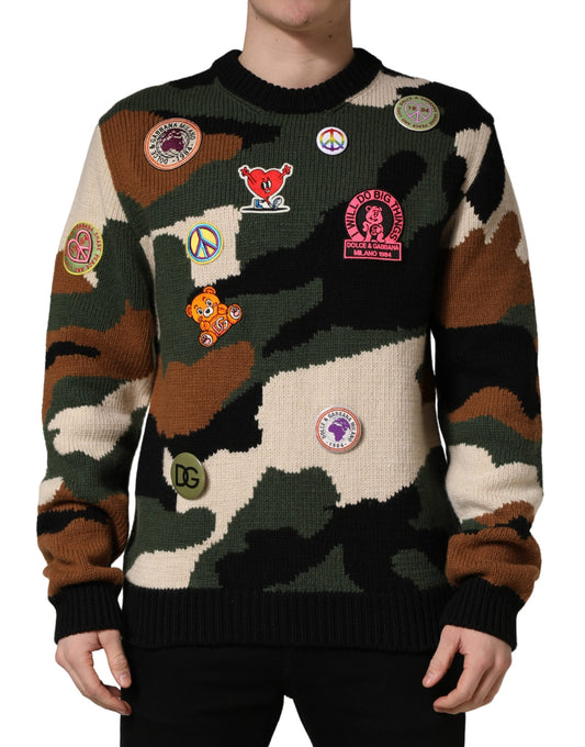 Dolce & Gabbana Men's Crew Neck Cashmere Viscose Nylon & Virgin Wool Sweatshirt - Multicolor Camouflage