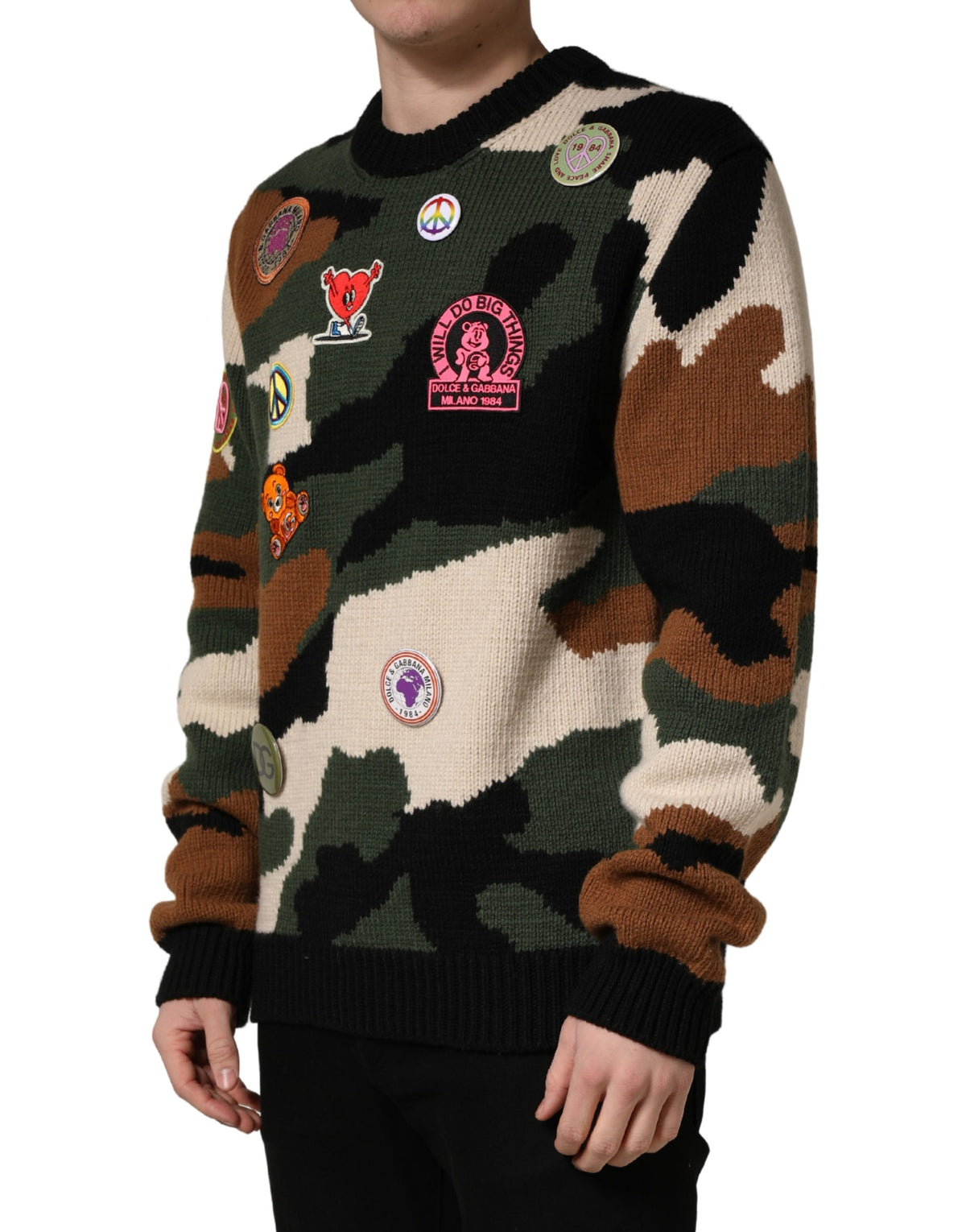 Dolce & Gabbana Men's Crew Neck Cashmere Viscose Nylon & Virgin Wool Sweatshirt - Multicolor Camouflage
