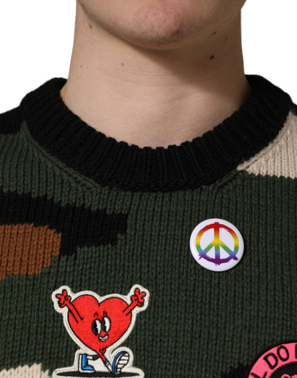 Dolce & Gabbana Men's Crew Neck Cashmere Viscose Nylon & Virgin Wool Sweatshirt - Multicolor Camouflage