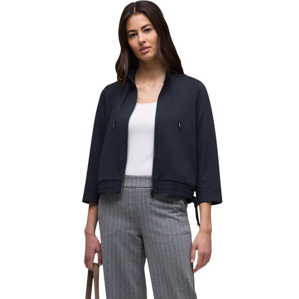 Activewear Sweatshirt by Street One for women in stretch polyester & viscose blue presents a ergonomic silhouette, showcasing a sophisticated hooded high-collar neckline and three-quarter-sleeve detailed with premium for a ergonomic finish.