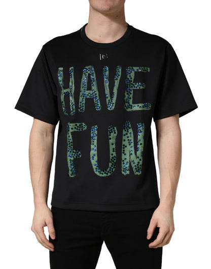 Dolce & Gabbana Men's Regular Fit Short-Sleeve Crew Neck Stretch Polyester T-Shirt - Black Patterned