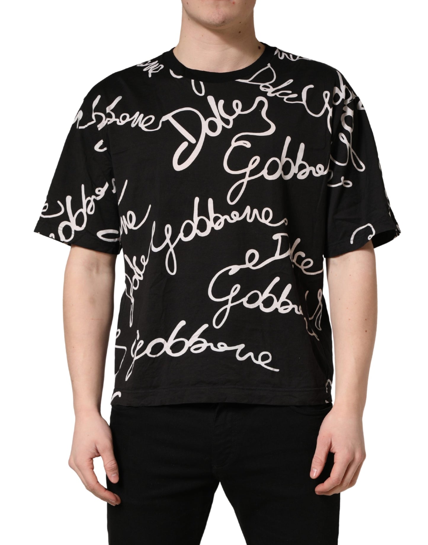 Dolce & Gabbana Black Script Logo Print Men Crew Neck T-shirt