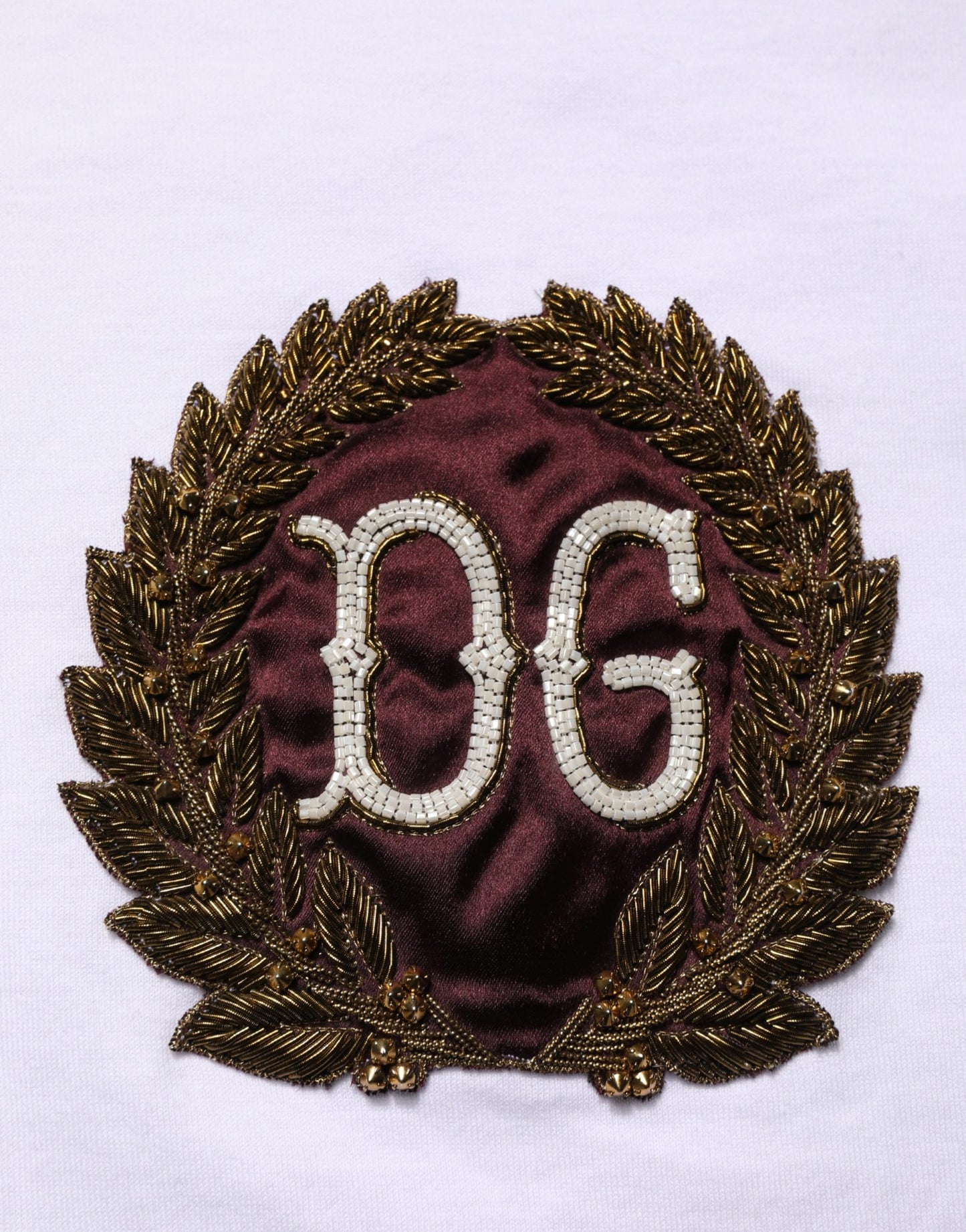 Dolce & Gabbana White DG Leaf Embroidery Crew Neck  T-shirt