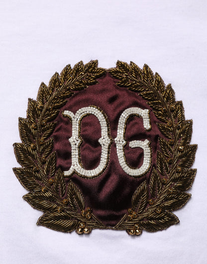 Dolce & Gabbana White DG Leaf Embroidery Crew Neck  T-shirt