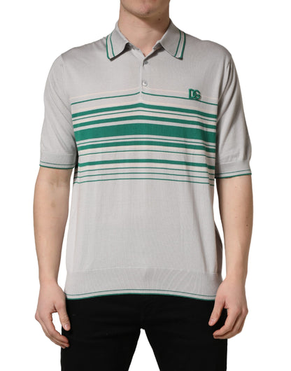 Dolce & Gabbana Men's Regular Fit Short-Sleeve Cotton & Silk Polo Shirt - Gray Green Patterned Striped