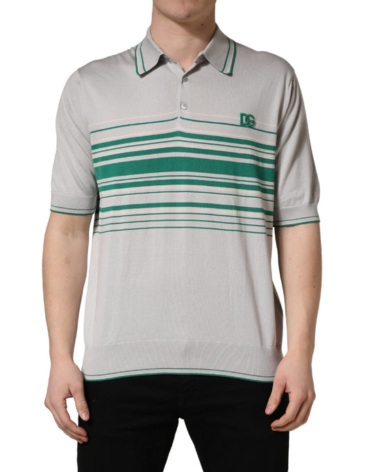 Dolce & Gabbana Men's Regular Fit Short-Sleeve Cotton & Silk Polo Shirt - Gray Green Patterned Striped