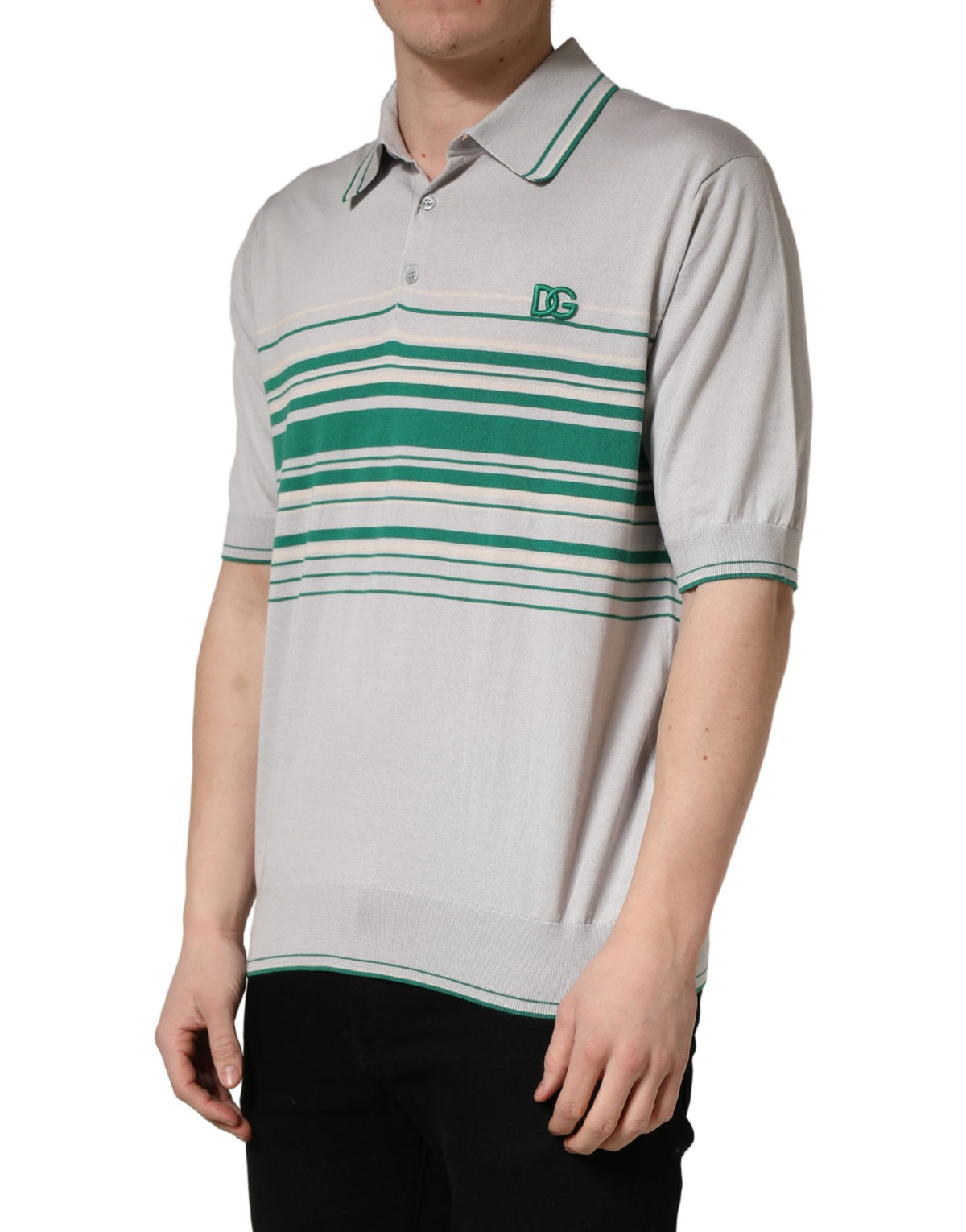 Dolce & Gabbana Men's Regular Fit Short-Sleeve Cotton & Silk Polo Shirt - Gray Green Patterned Striped