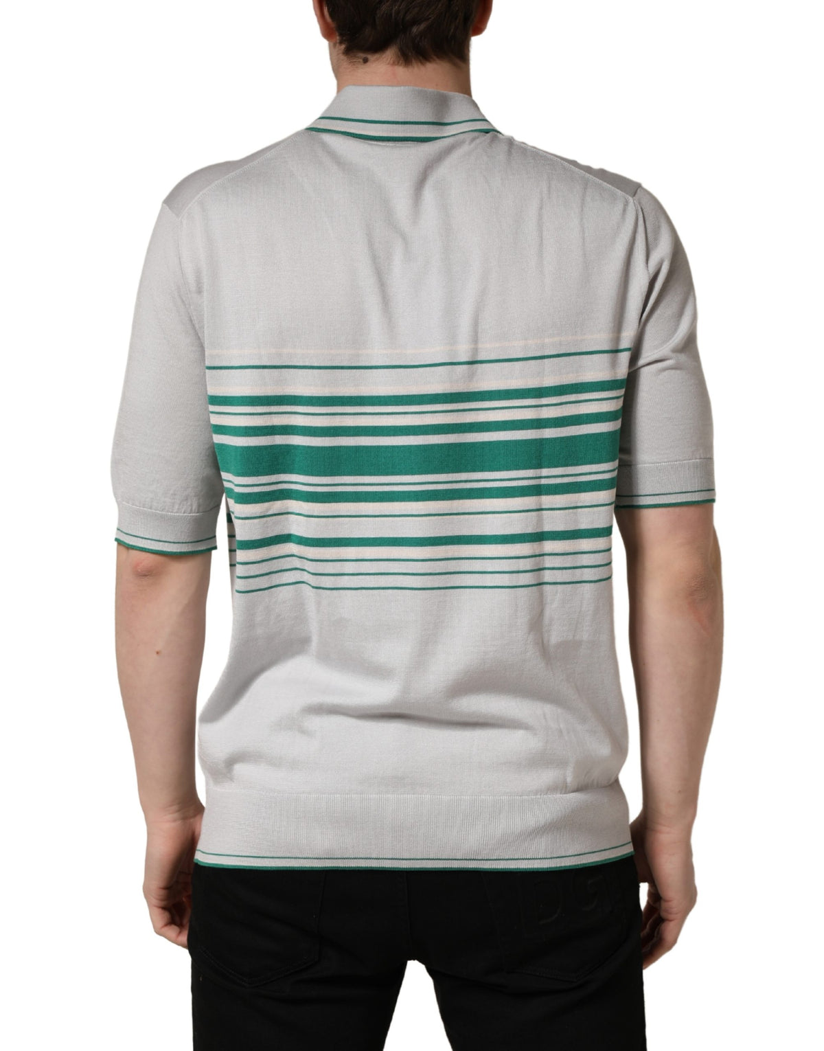 Dolce & Gabbana Men's Regular Fit Short-Sleeve Cotton & Silk Polo Shirt - Gray Green Patterned Striped