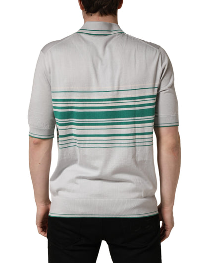 Dolce & Gabbana Men's Regular Fit Short-Sleeve Cotton & Silk Polo Shirt - Gray Green Patterned Striped