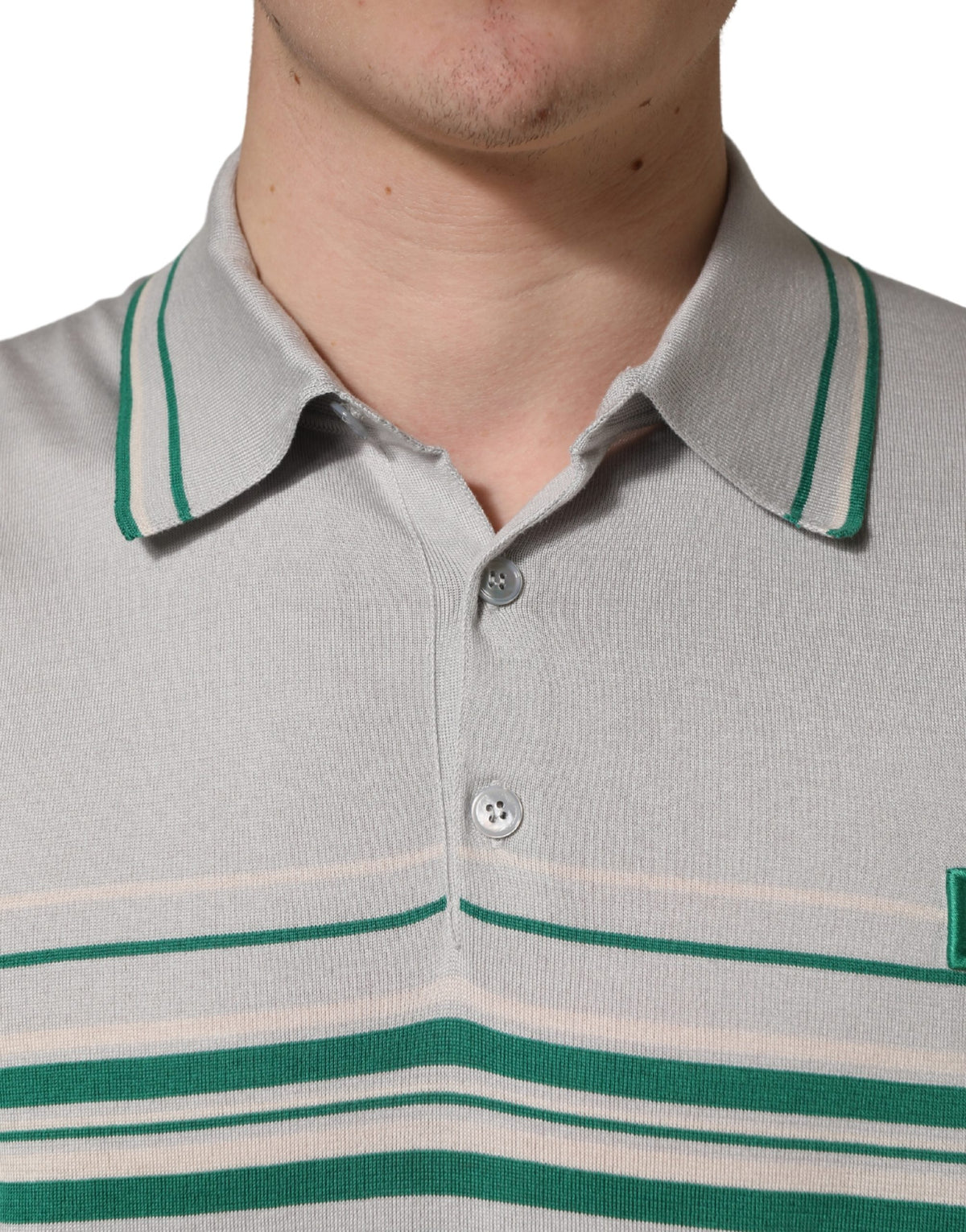 Dolce & Gabbana Men's Regular Fit Short-Sleeve Cotton & Silk Polo Shirt - Gray Green Patterned Striped