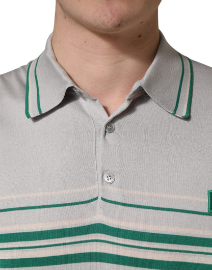 Dolce & Gabbana Men's Regular Fit Short-Sleeve Cotton & Silk Polo Shirt - Gray Green Patterned Striped