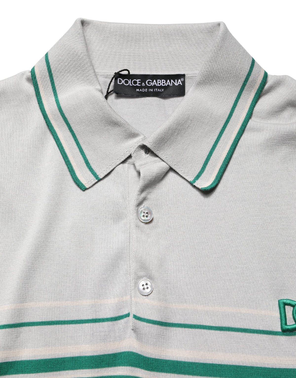 Dolce & Gabbana Men's Regular Fit Short-Sleeve Cotton & Silk Polo Shirt - Gray Green Patterned Striped