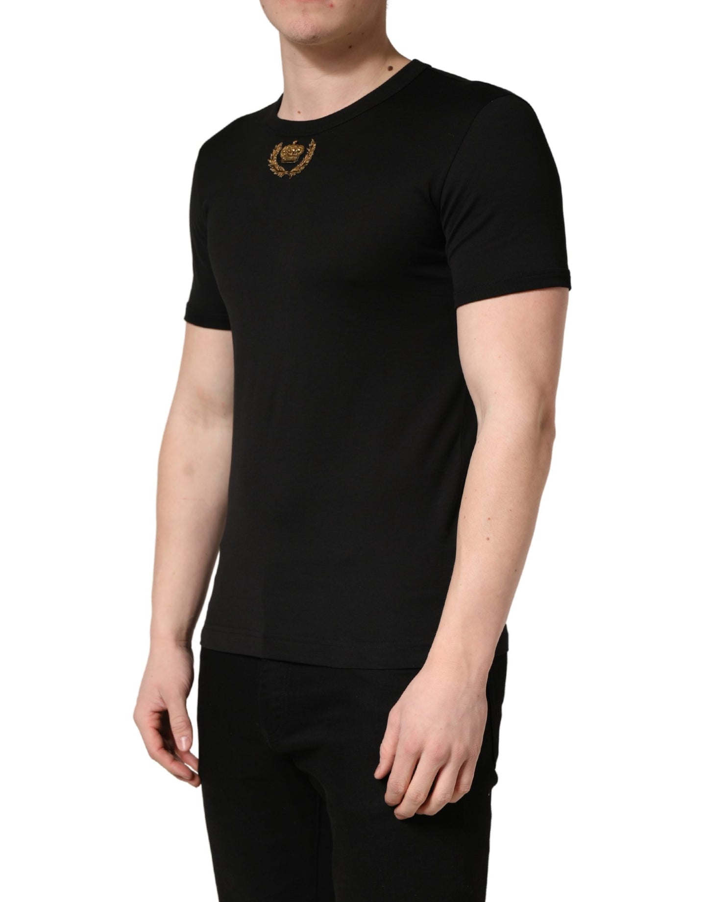 Dolce & Gabbana Black Crown Embroidery Men Crew Neck  T-shirt