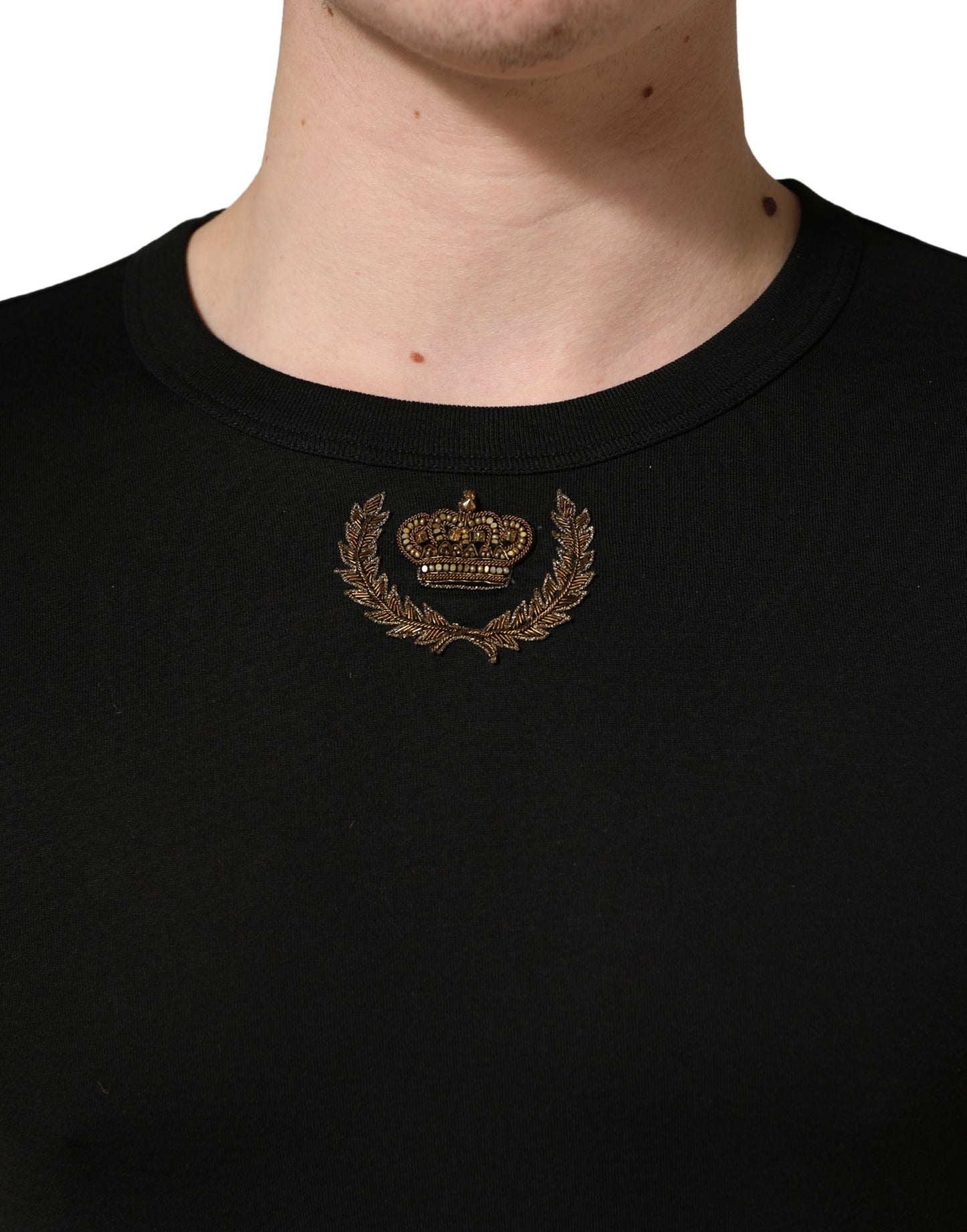 Dolce & Gabbana Black Crown Embroidery Men Crew Neck  T-shirt
