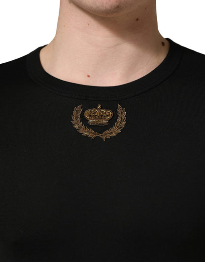 Dolce & Gabbana Black Crown Embroidery Men Crew Neck  T-shirt