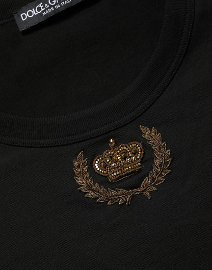 Dolce & Gabbana Black Crown Embroidery Men Crew Neck  T-shirt
