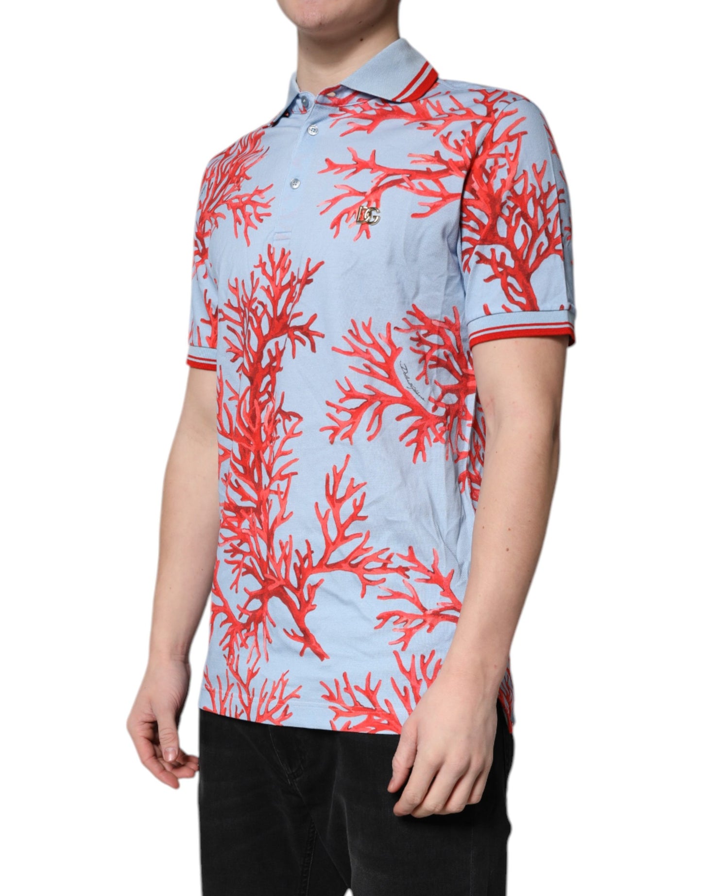 Dolce & Gabbana LightBlue Coral Cotton Collared Polo  T-shirt