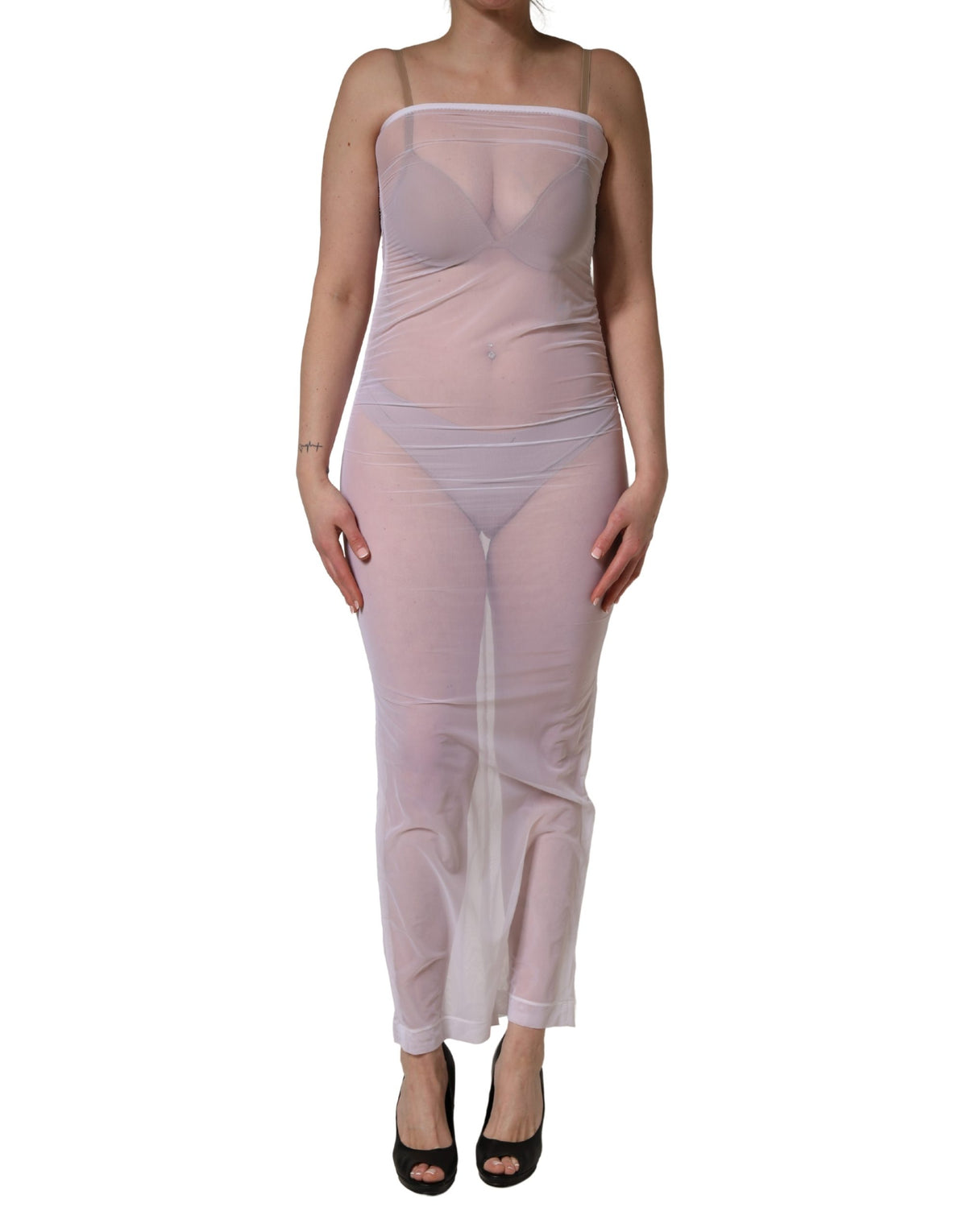 Dolce & Gabbana Women's Sheath Stretch Nylon & Calf Leather Maxi Long Dress - White
