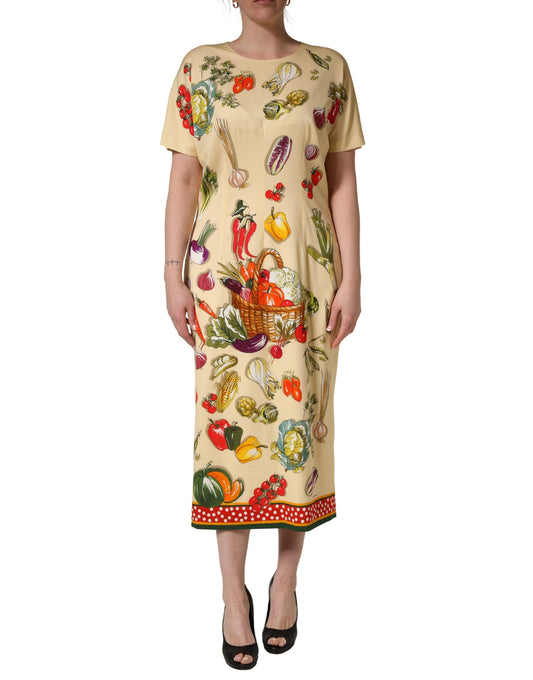 Dolce & Gabbana Women's Sheath Cocktail Short-Sleeve Calf Leather & Silk Midi Dress - Beige Patterned
