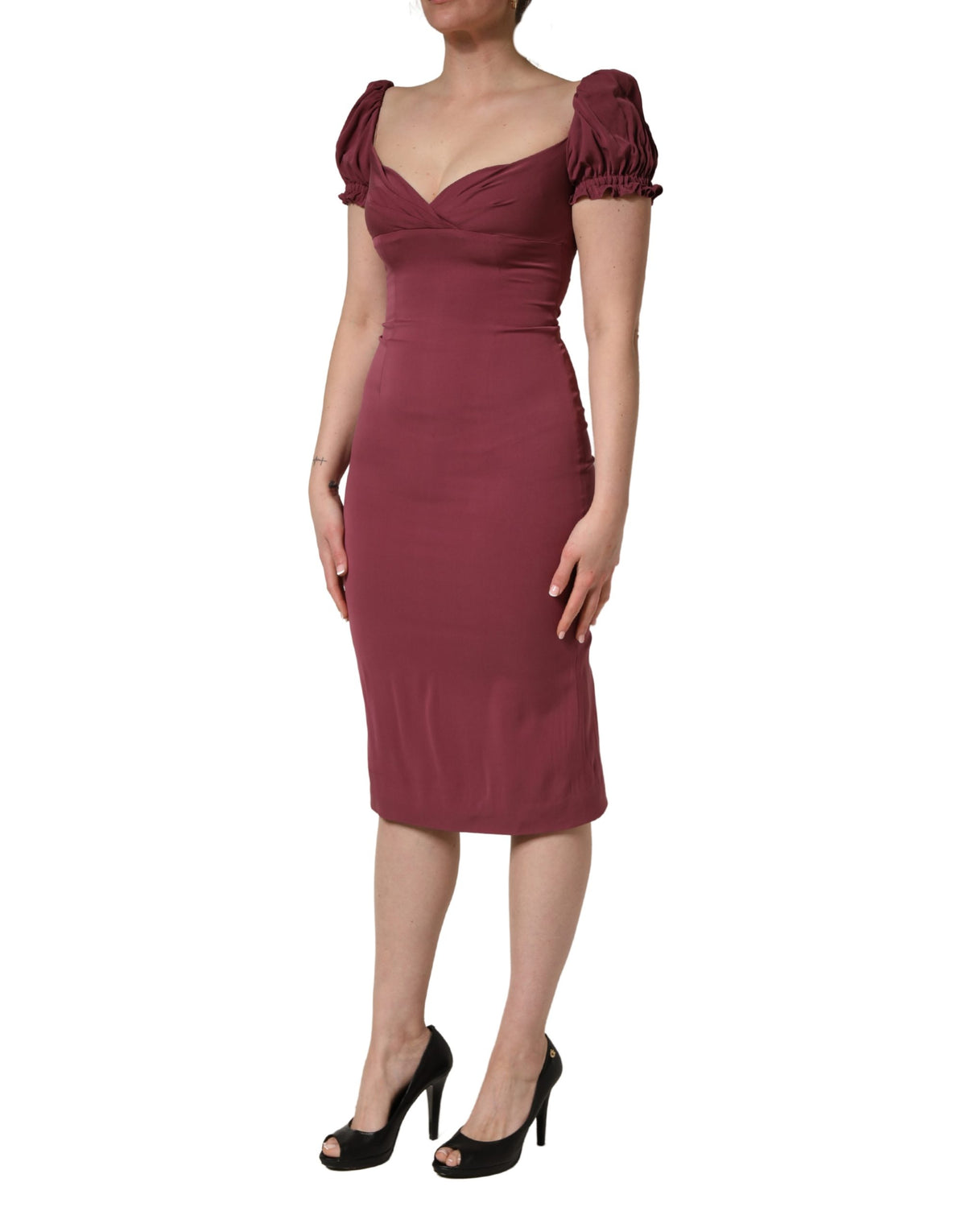 Dolce & Gabbana Women's Sheath Cocktail Short-Sleeve Sweetheart Neck Calf Leather & Silk Midi Dress - Brown Maroon