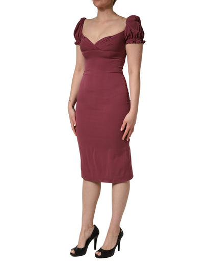 Dolce & Gabbana Women's Sheath Cocktail Short-Sleeve Sweetheart Neck Calf Leather & Silk Midi Dress - Brown Maroon