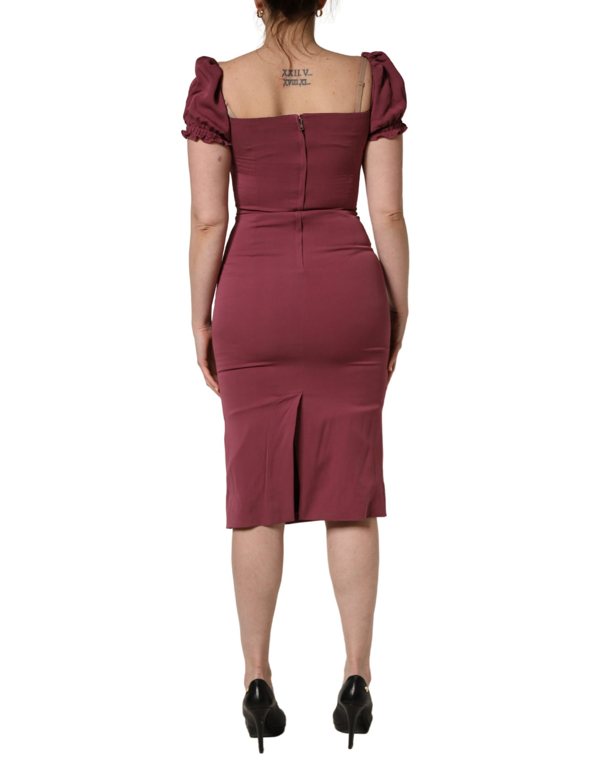 Dolce & Gabbana Women's Sheath Cocktail Short-Sleeve Sweetheart Neck Calf Leather & Silk Midi Dress - Brown Maroon