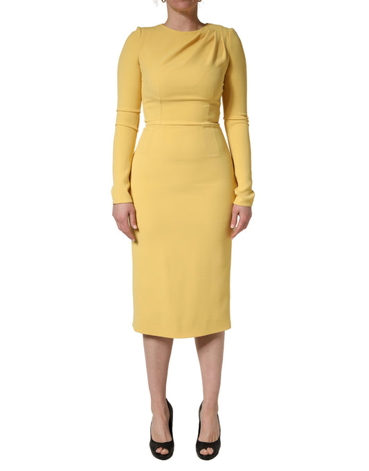 Dolce & Gabbana Women's Sheath Cocktail Long-Sleeve Calf Leather Cotton & Silk Midi Dress - Yellow