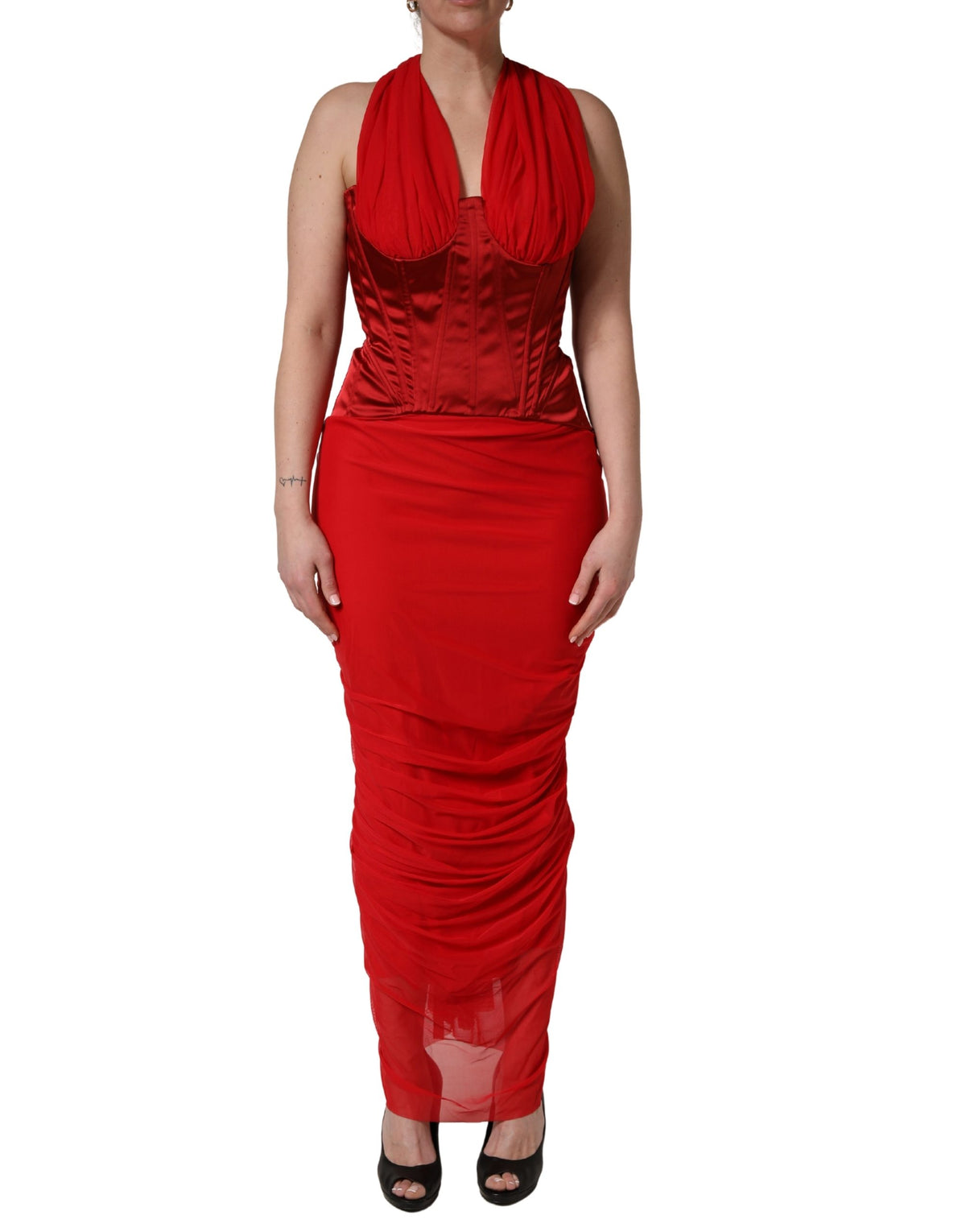 Dolce & Gabbana Women's Sheath Halter Corset Bustier Cocktail Sleeveless Neck Calf Leather Nylon Silk & Acetate Maxi Long Dress - Red