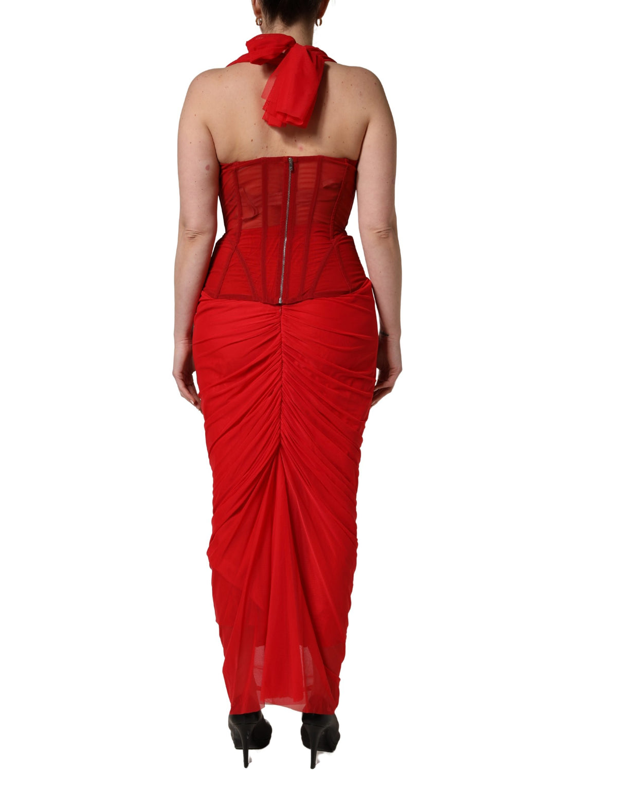 Dolce & Gabbana Women's Sheath Halter Corset Bustier Cocktail Sleeveless Neck Calf Leather Nylon Silk & Acetate Maxi Long Dress - Red