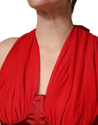 Dolce & Gabbana Women's Sheath Halter Corset Bustier Cocktail Sleeveless Neck Calf Leather Nylon Silk & Acetate Maxi Long Dress - Red