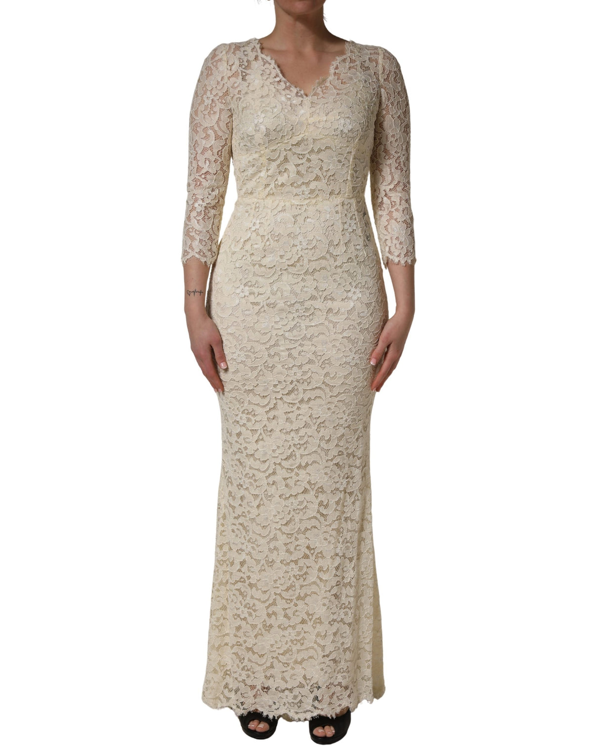 Dolce & Gabbana Women's Sheath Cocktail Long-Sleeve Cotton Nylon Silk & Calf Leather Maxi Long Dress - White Floral